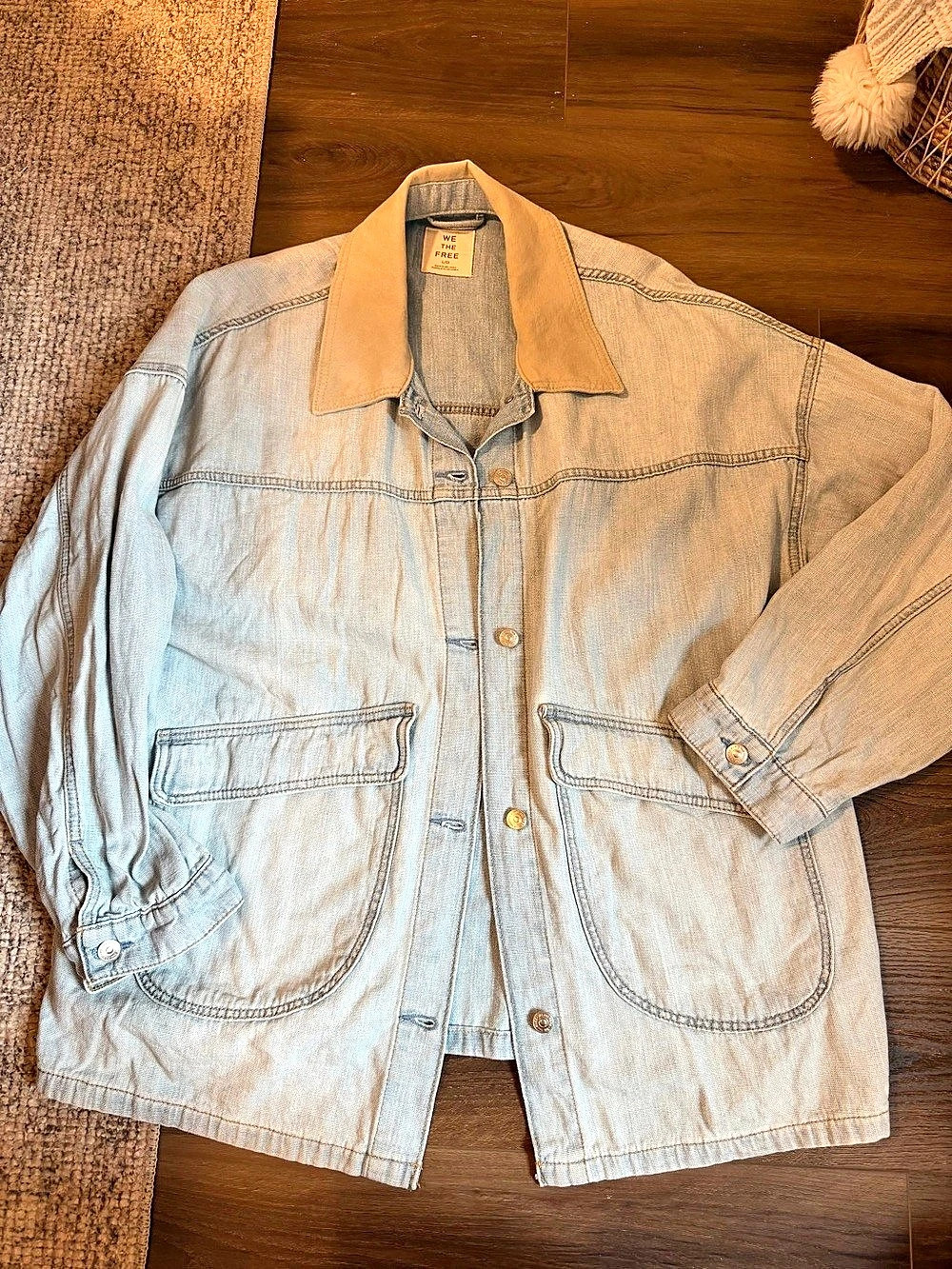 Free People Denim Utility Jacket in Blue & Tan